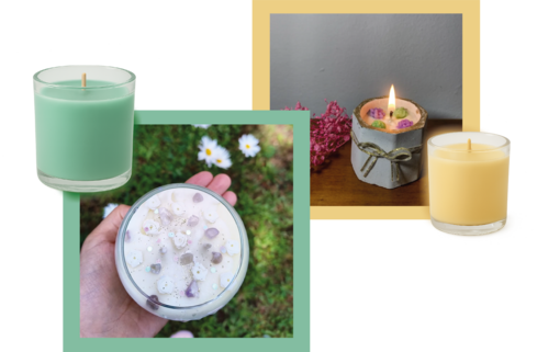 Velas de soja en frasco, montaje en cuadros y decoración.